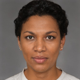 Neutral black adult female with short  black hair and brown eyes