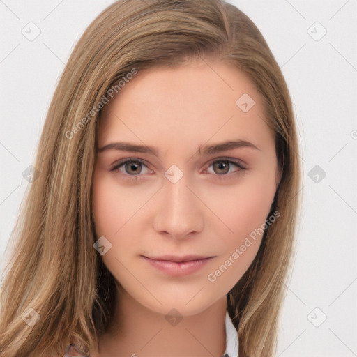 Neutral white young-adult female with long  brown hair and brown eyes