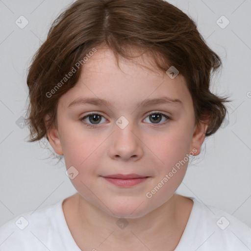 Joyful white child female with medium  brown hair and brown eyes