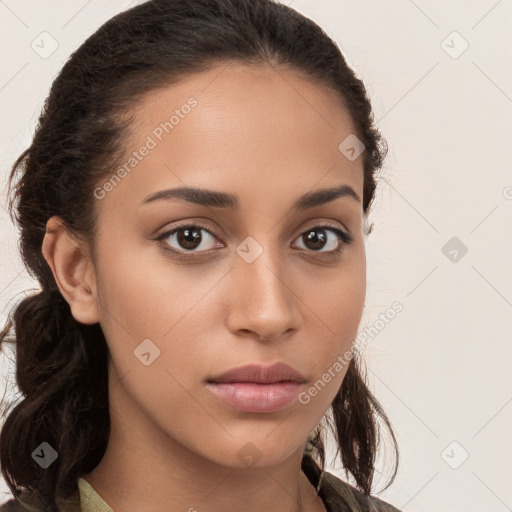 Neutral white young-adult female with long  brown hair and brown eyes