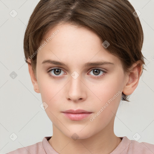 Neutral white young-adult female with short  brown hair and brown eyes