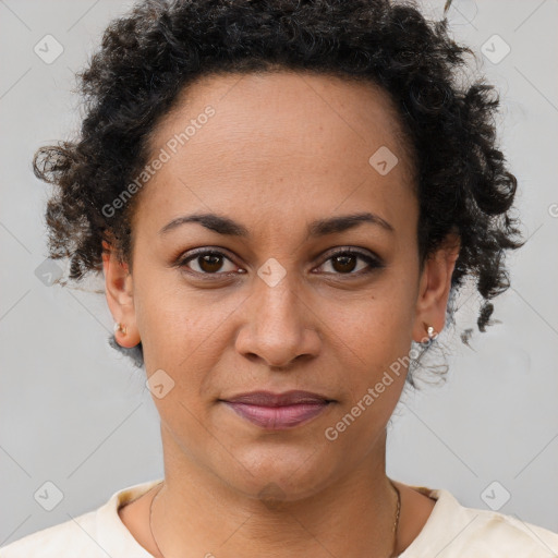 Joyful latino young-adult female with short  brown hair and brown eyes