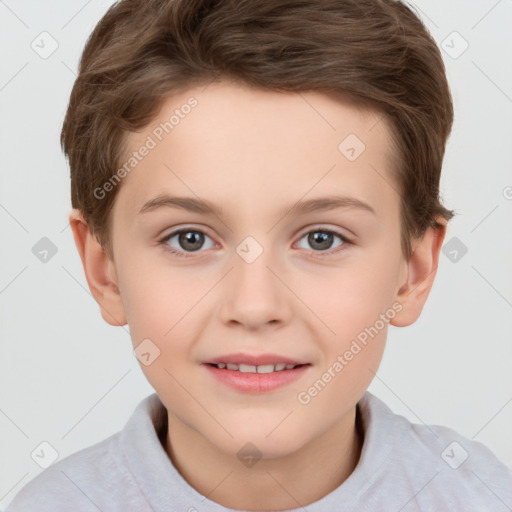 Joyful white child female with short  brown hair and brown eyes