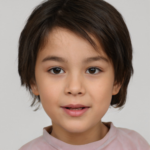 Joyful white child female with medium  brown hair and brown eyes