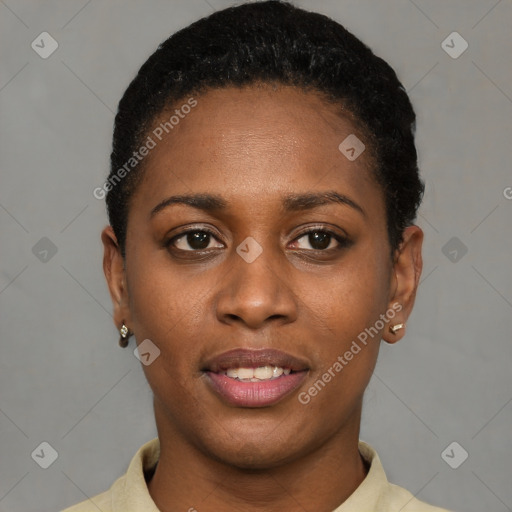 Joyful latino young-adult female with short  black hair and brown eyes