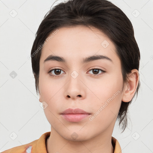 Neutral white young-adult female with medium  brown hair and brown eyes