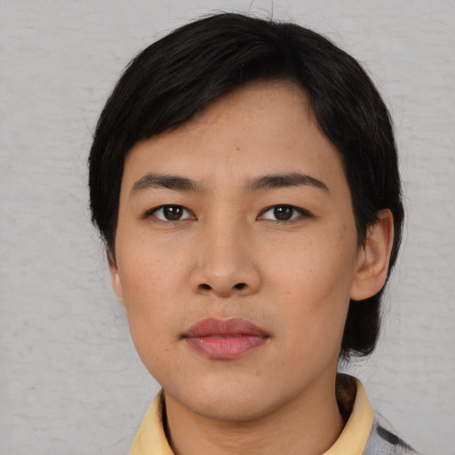 Neutral asian young-adult female with short  black hair and brown eyes
