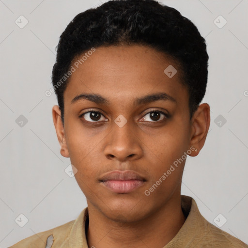 Neutral black young-adult male with short  black hair and brown eyes