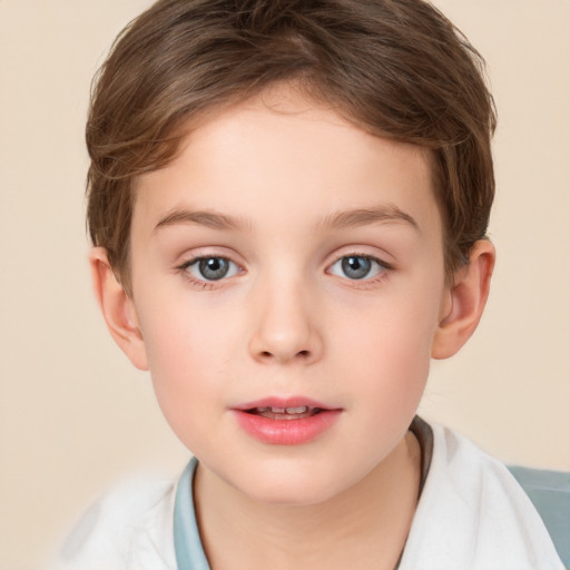 Neutral white child female with short  brown hair and grey eyes