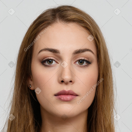 Neutral white young-adult female with long  brown hair and brown eyes