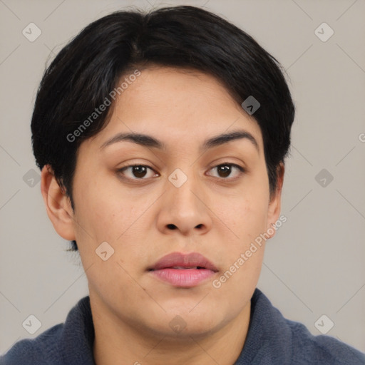 Neutral asian young-adult female with short  black hair and brown eyes