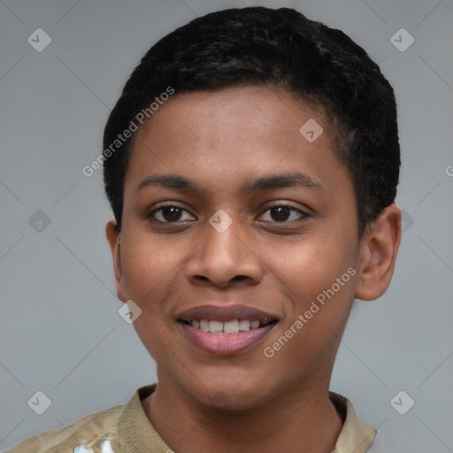 Joyful latino young-adult female with short  black hair and brown eyes