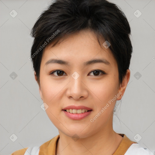 Joyful asian young-adult female with short  brown hair and brown eyes