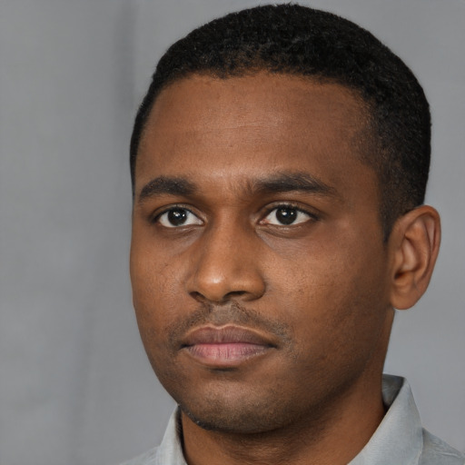 Neutral black young-adult male with short  black hair and brown eyes