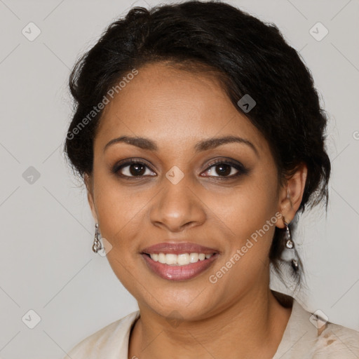 Joyful black young-adult female with medium  brown hair and brown eyes