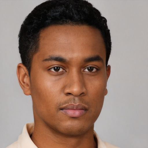 Neutral black young-adult male with short  black hair and brown eyes