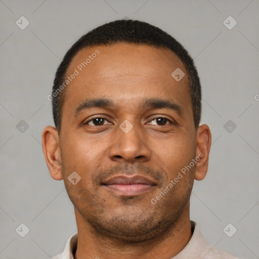 Neutral latino young-adult male with short  black hair and brown eyes