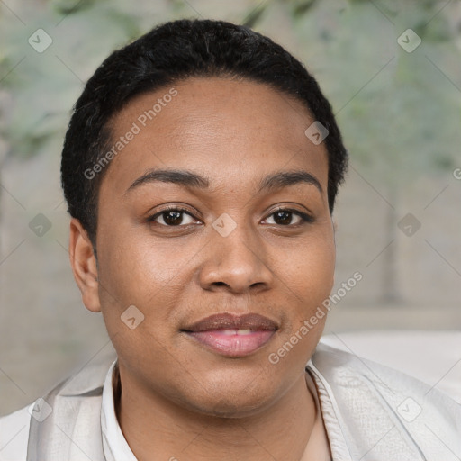 Joyful latino young-adult female with short  black hair and brown eyes