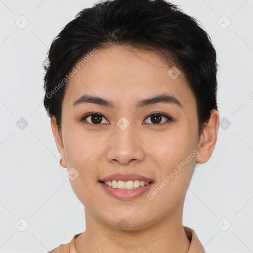 Joyful asian young-adult female with short  brown hair and brown eyes