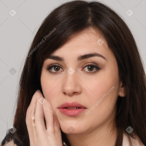 Neutral white young-adult female with long  brown hair and brown eyes