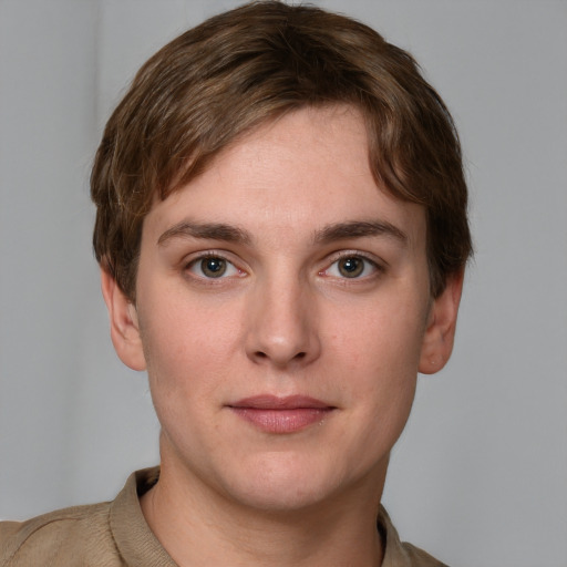 Neutral white young-adult male with short  brown hair and grey eyes