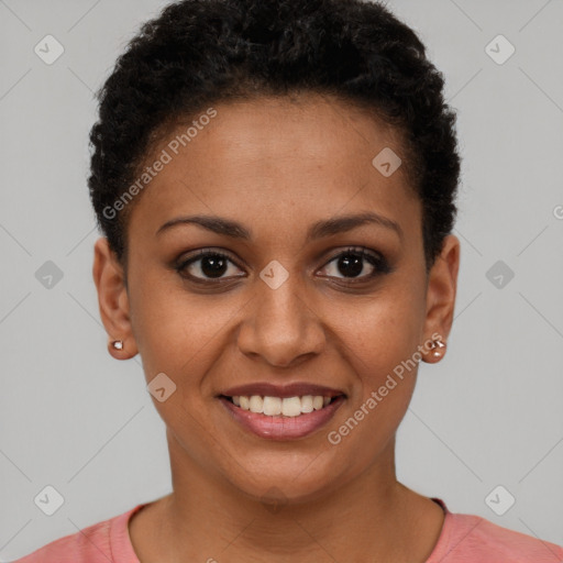 Joyful black young-adult female with short  brown hair and brown eyes