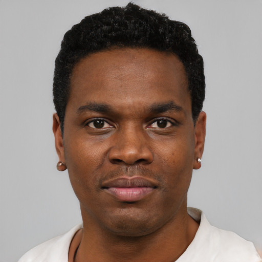 Neutral black young-adult male with short  black hair and brown eyes