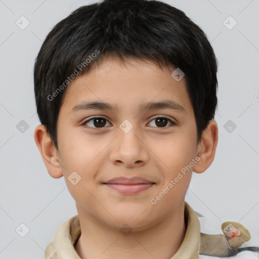 Joyful white child male with short  brown hair and brown eyes