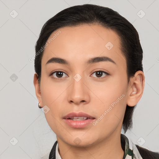 Neutral white young-adult female with medium  brown hair and brown eyes