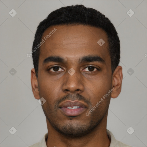 Neutral latino young-adult male with short  black hair and brown eyes