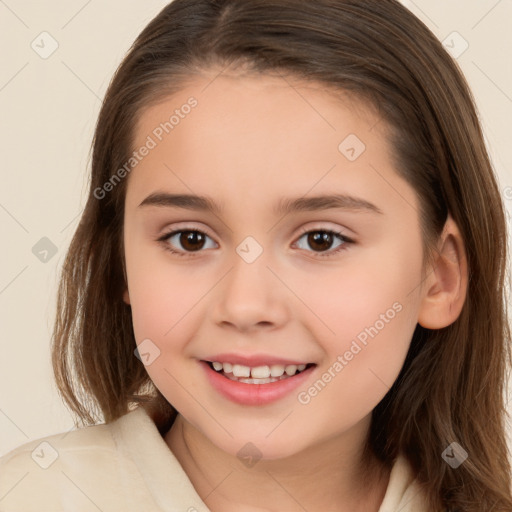 Joyful white child female with long  brown hair and brown eyes