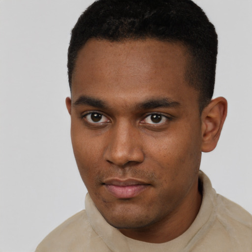 Neutral black young-adult male with short  black hair and brown eyes