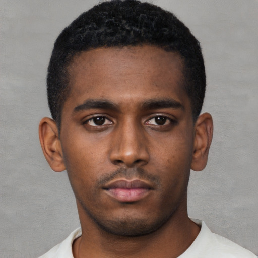 Neutral black young-adult male with short  black hair and brown eyes