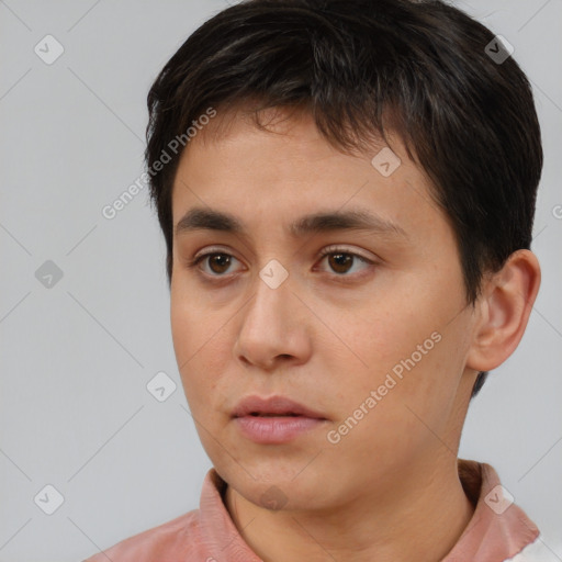 Neutral white young-adult male with short  brown hair and brown eyes