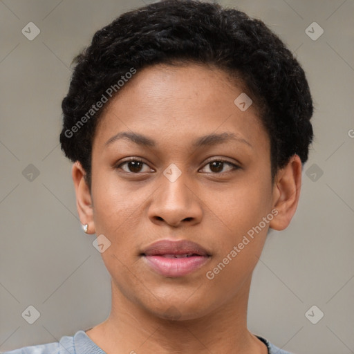 Joyful latino young-adult female with short  black hair and brown eyes