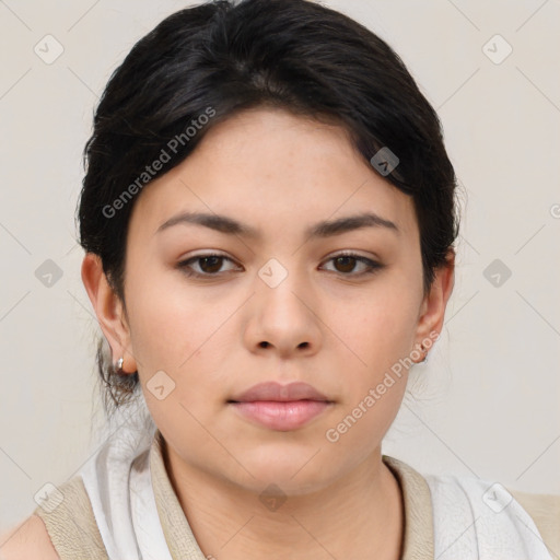 Neutral asian young-adult female with medium  brown hair and brown eyes