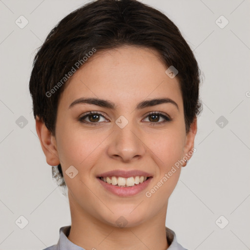 Joyful white young-adult female with short  brown hair and brown eyes