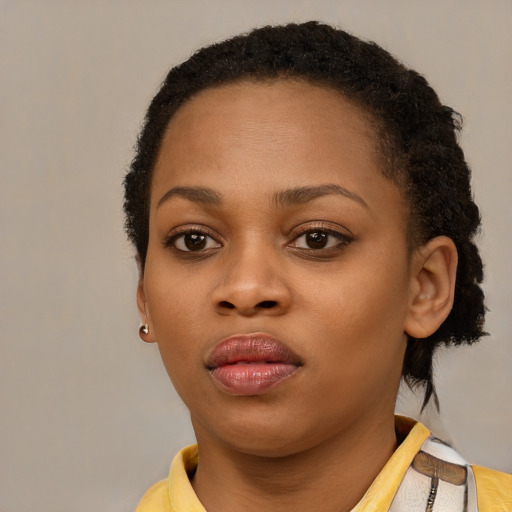 Neutral black young-adult female with short  brown hair and brown eyes