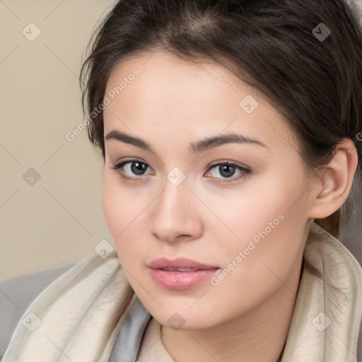 Neutral white young-adult female with medium  brown hair and brown eyes