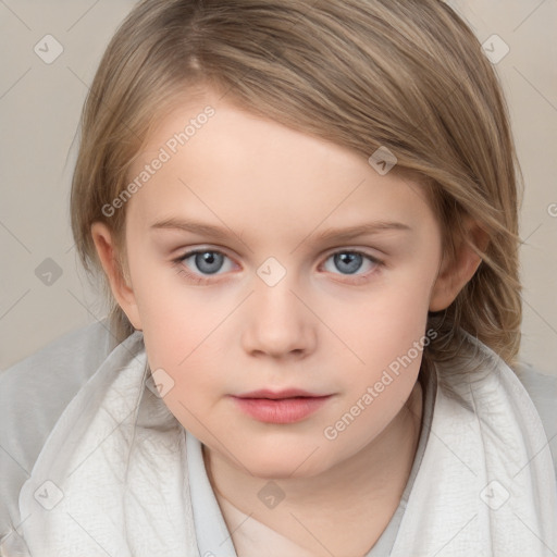 Neutral white child female with medium  brown hair and blue eyes