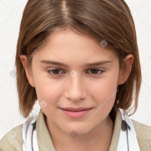 Joyful white child female with medium  brown hair and brown eyes