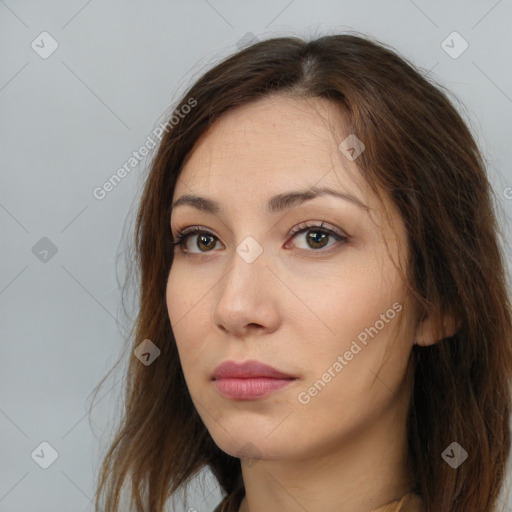 Neutral white young-adult female with long  brown hair and brown eyes