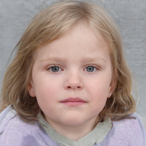 Neutral white child female with medium  brown hair and blue eyes