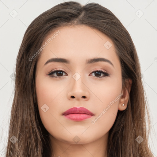 Neutral white young-adult female with long  brown hair and brown eyes