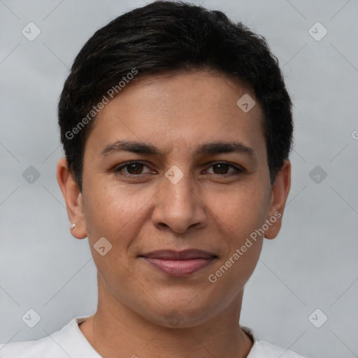 Joyful white young-adult female with short  brown hair and brown eyes