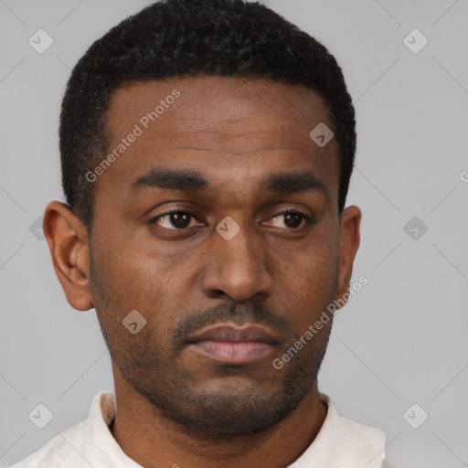 Neutral black young-adult male with short  black hair and brown eyes