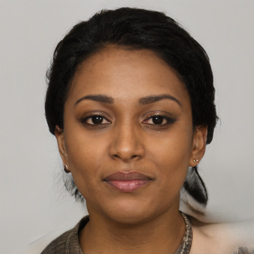 Neutral asian young-adult female with short  black hair and brown eyes