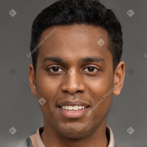 Joyful black young-adult male with short  brown hair and brown eyes