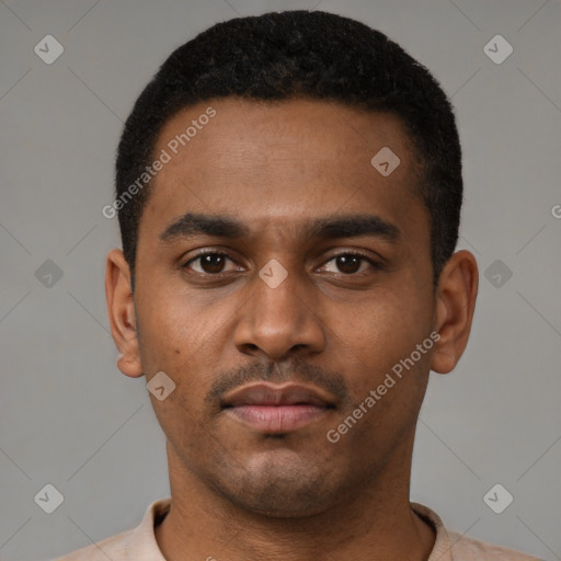 Neutral latino young-adult male with short  black hair and brown eyes