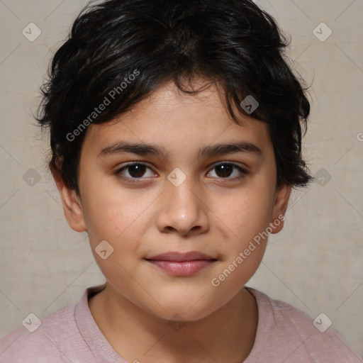 Joyful white child female with medium  brown hair and brown eyes